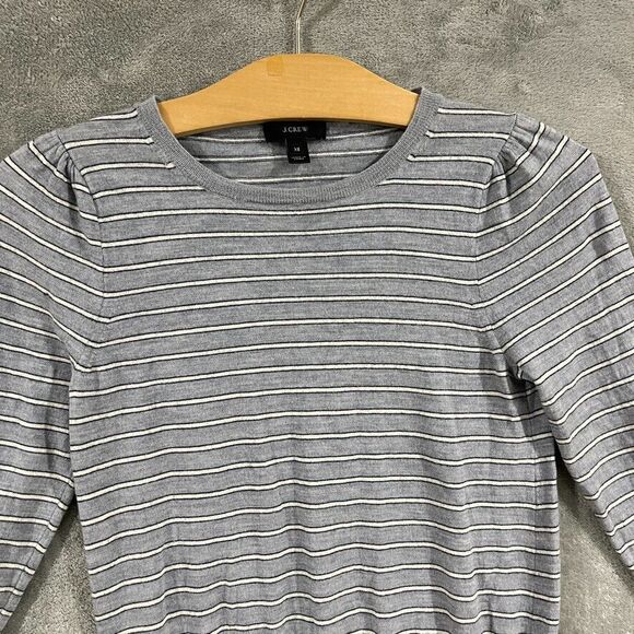 J Crew 100% Merino Wool Striped Gray Sweater Crewneck 3/4 Sleeve Womens Sz XS - Picture 4 of 8